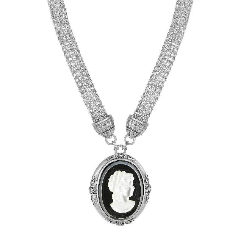 Opal Necklaces-1928 Jewelry Signature Black Glass White Frost Cameo Pendant Mesh Tube Chain Necklace 18"