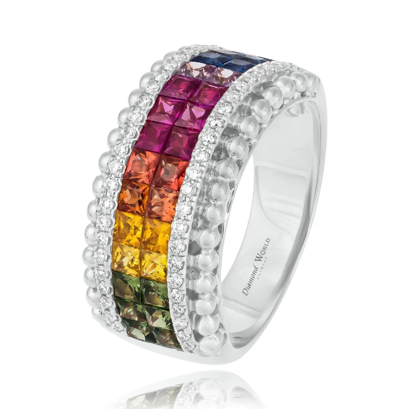 Fashionable Wedding Bands-Multi Colour Double Row Princess Cut Sapphires & Diamonds Ring