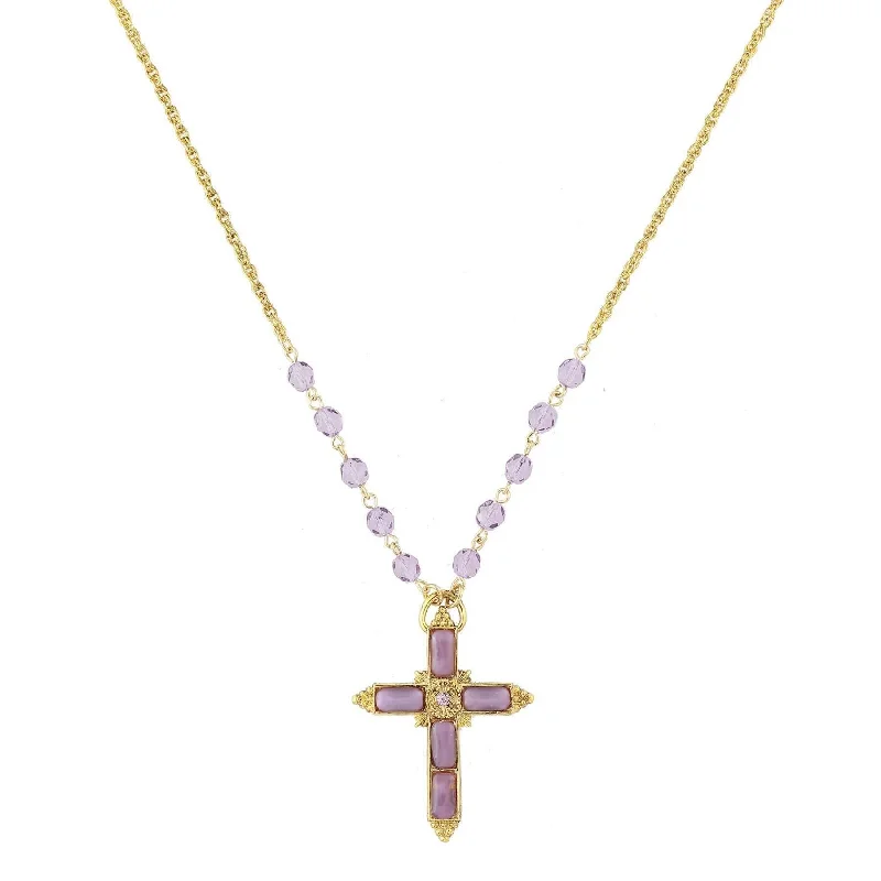 Engraved Necklaces-1928 Jewelry Amethyst Moonstone Cross Pendant & Tanzanite Glass Bead Necklace 28"