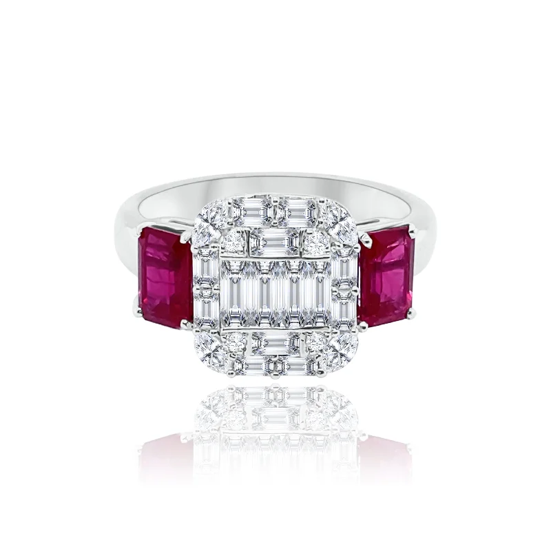 Wedding Bands with Engraving-SIDE RUBIES  & CENTRAL DIAMONDS TRILOGY "Ashley" RING