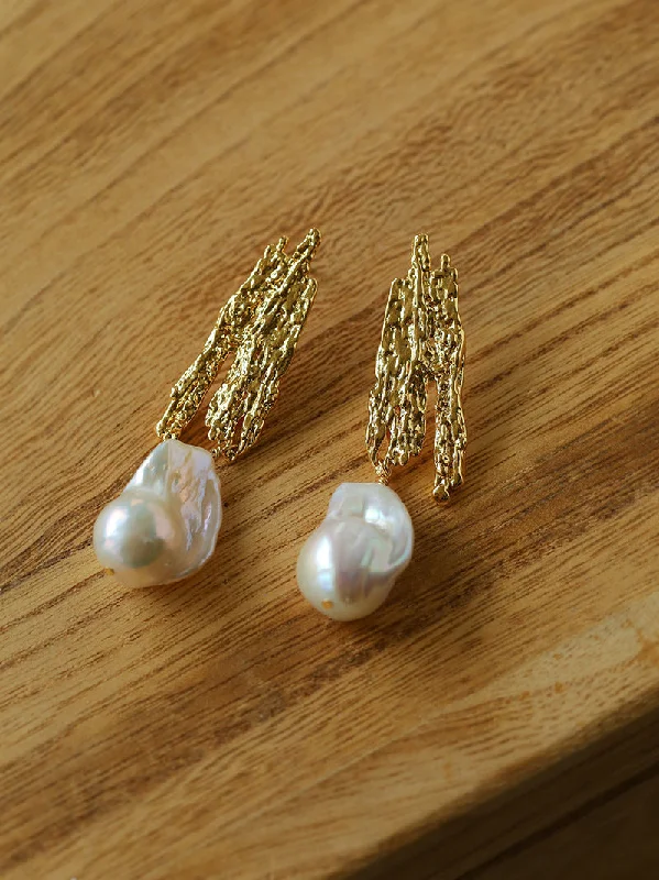 Designer Hoop Drop Earrings-French Style Lava Baroque Pearls Earrings