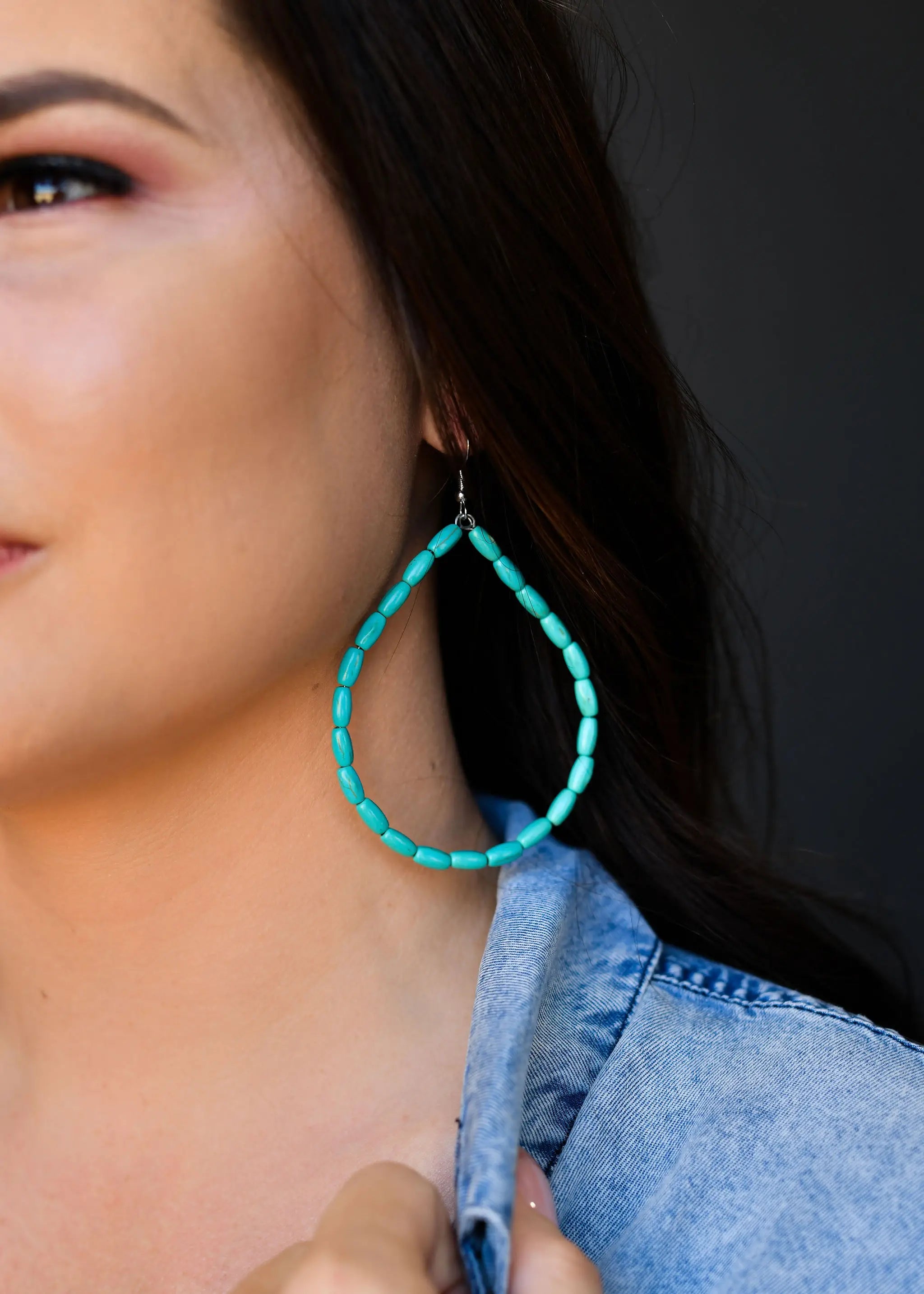 Gemstone Bar Earrings-Green Turquoise Beaded Hoop Earring on Fishhook