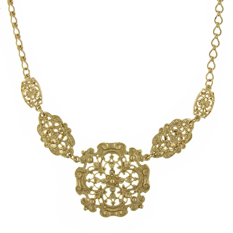 Heart Necklaces-1928 Jewelry Gold Nouveau Signature Filigree Collar Necklace 16" + 3" Extender