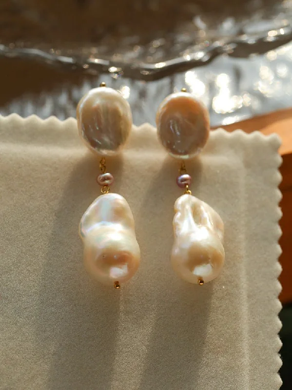 Adjustable Drop Earrings-Pink Accent Baroque Pearl Trio Drop Earrings