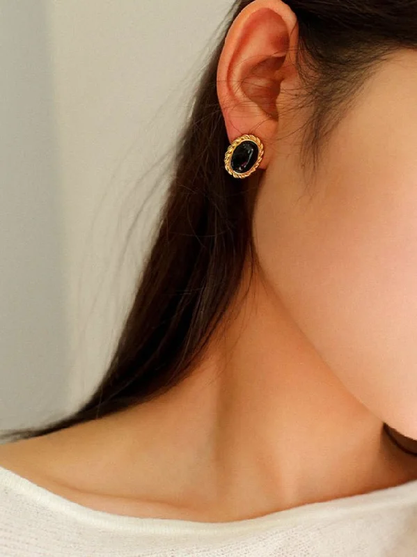 Cute Gold Earrings-Black Agate White Mother of Pearls Earrings