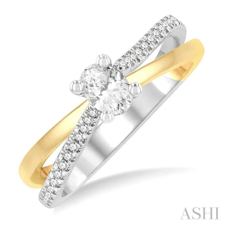 Men’s Wedding Rings with Engraving-1/2 ctw Two Tone Criss Cross Round & Oval Cut Diamond Engagement Ring With 1/3 ct Oval Cut Center Stone in 14K White and Yellow Gold