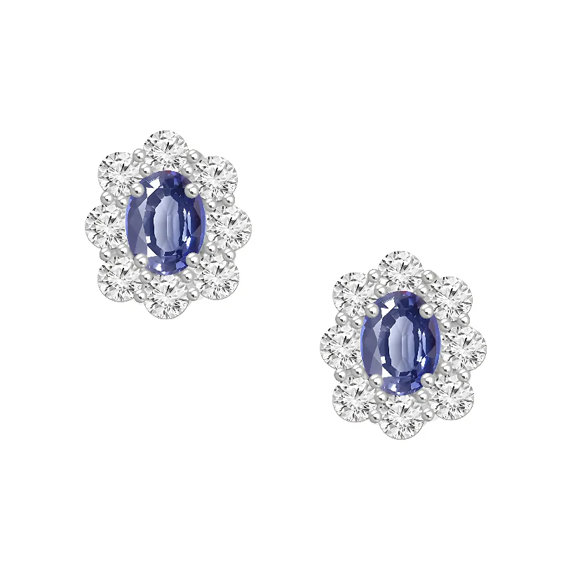 Round Gemstone Earrings-18K OVAL SAPPHIRE & DIAMOND STUD EARRINGS