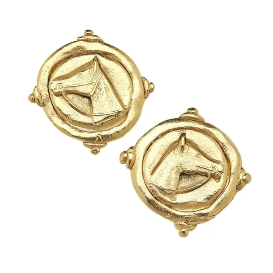 Artistic Stud Earrings-Susan Shaw - Gold and Silver Intaglio Horse Pierced Earrings