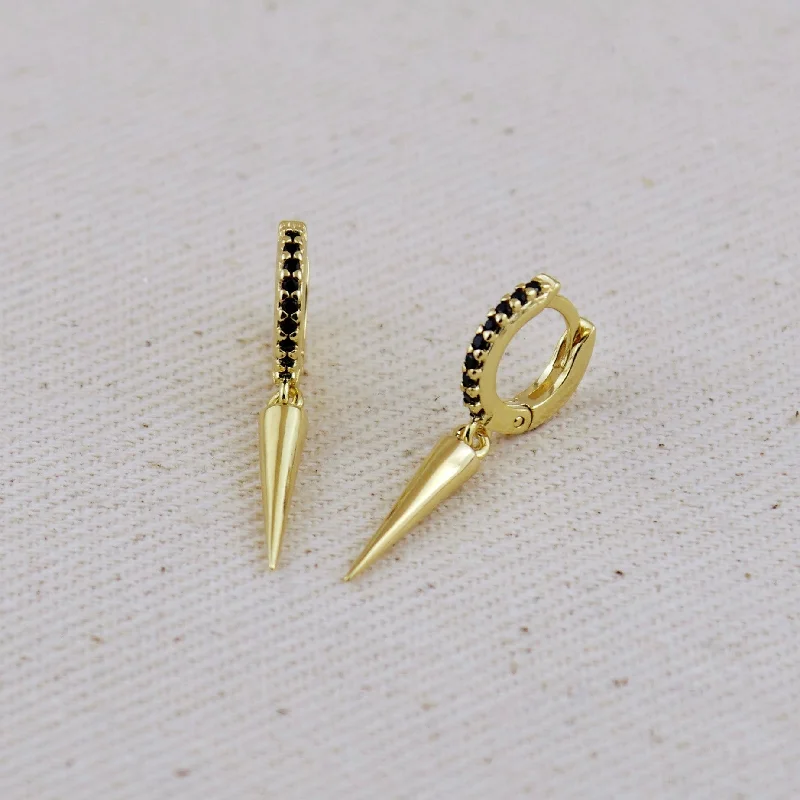 Dainty Gold Earrings-Black CZ Hoop Earrings With Spike Drop