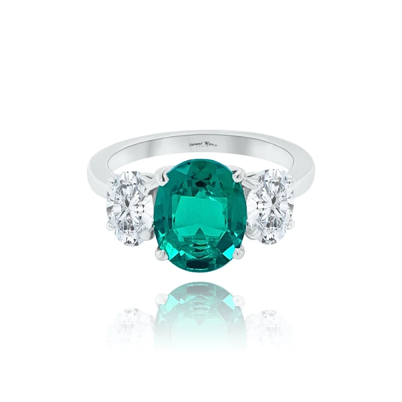 Heart-Shaped Engagement Rings-Oval Emerald & Oval cut Diamonds "Aria" Ring