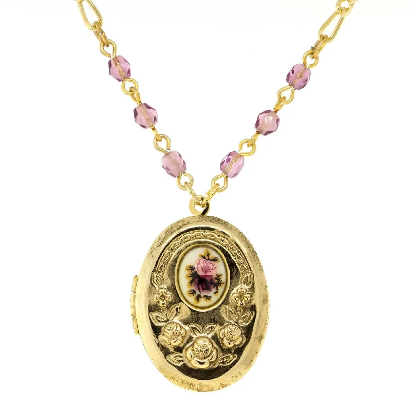 Gold Choker Necklaces-1928 Jewelry Manor House Pink And Purple Flower Beaded Locket Necklace 18" + 3" Extender