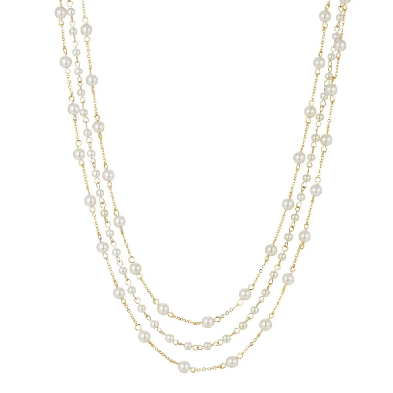 Statement Necklace Set-1928 Jewelry Three Strand 4mm Faux Pearl Chain Necklace 16" + 3" Extender