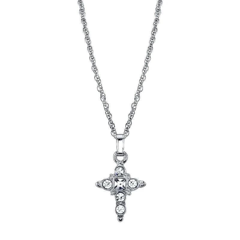 Adjustable Necklaces-1928 Jewelry Clear Crystal Cross Pendant Necklace 16" + 3" Extender