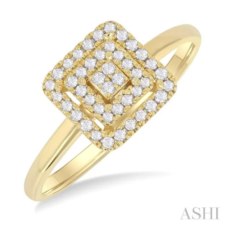 Two-Band Wedding Rings-1/6 ctw Double Halo Square Shape Petite Round Cut Diamond Fashion Ring in 10K Yellow Gold