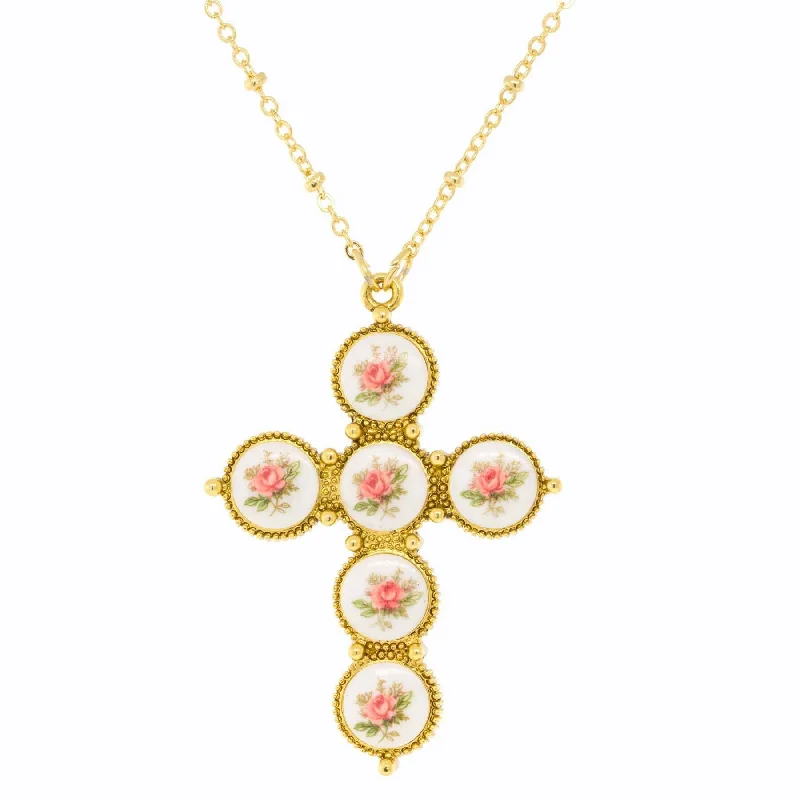 Chakra Necklaces-1928 Jewelry Pink Flower Decal Cross Pendant Necklace 30"