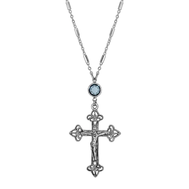 Thin Necklaces-Symbols Of Faith Antiqued Pewter Crucifix Blue Channel Pendant Necklace 18"