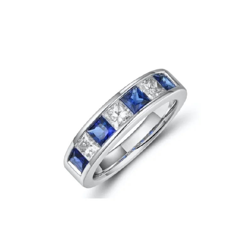 Wedding Ring with Customizable Stones-Princess cut Sapphires & Diamonds channel Alliance Ring