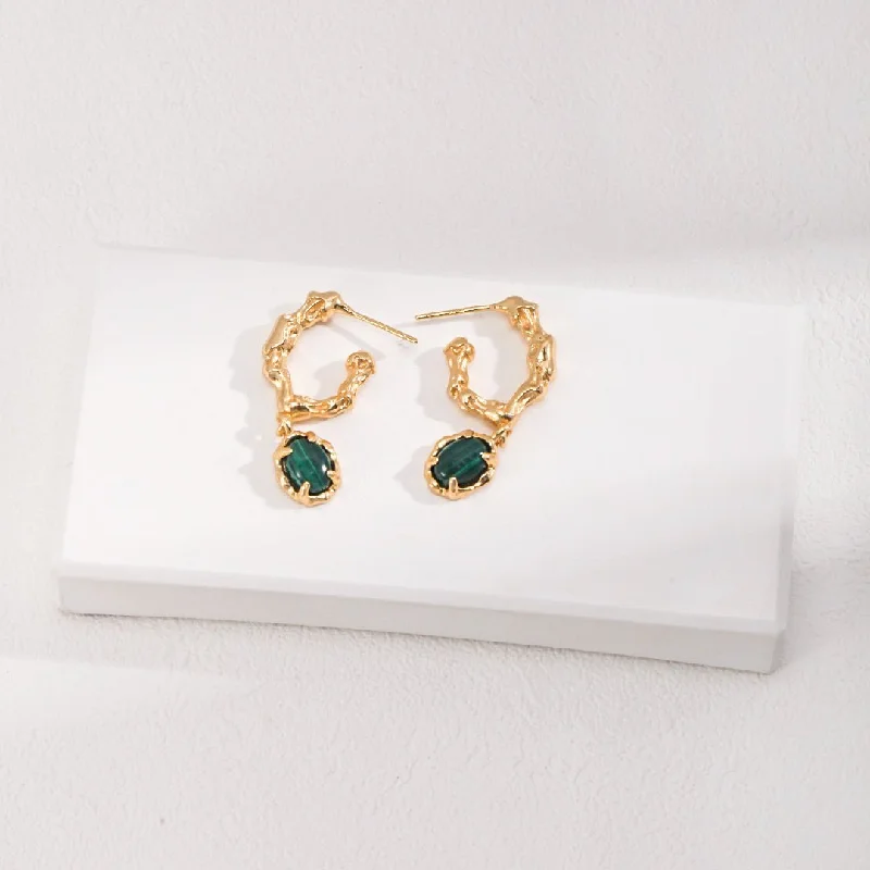 Large Drop Crystal Earrings-C-shaped Malachite Earrings Gold