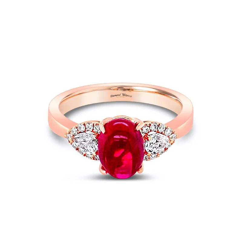 Women’s Gold Engagement Rings-Cabochon Ruby & Diamonds Ring