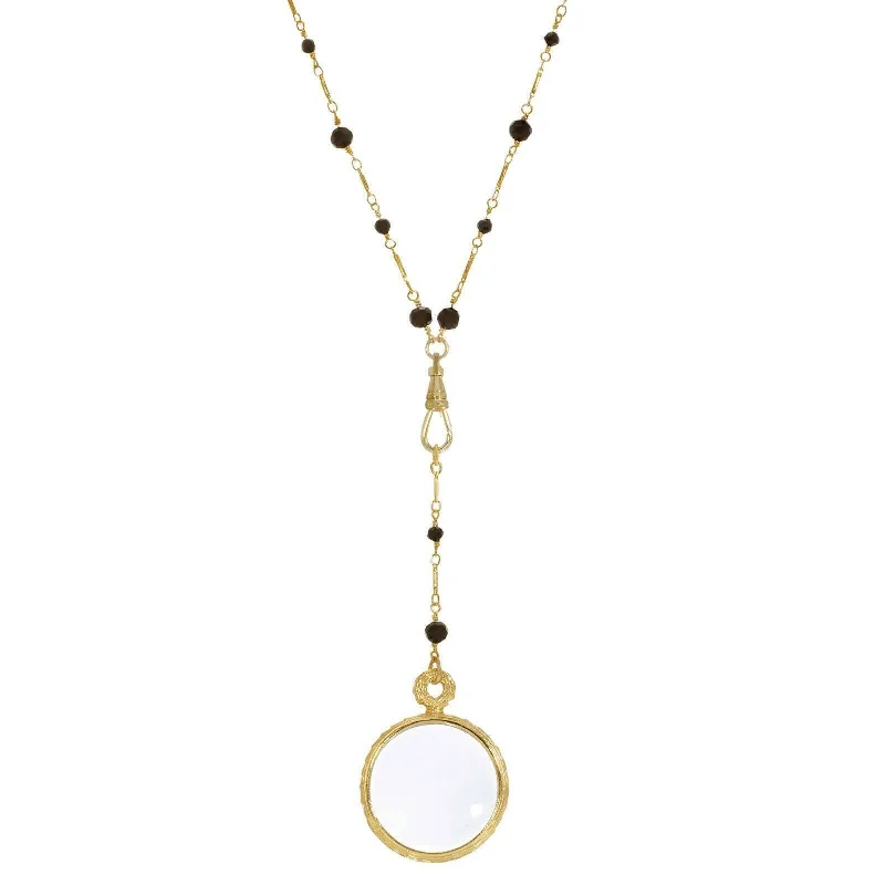 Affordable Gold Necklaces-1928 Jewelry Black Bead Magnifying Glass Drop Necklace 24" - Magnification Power: 1-2X