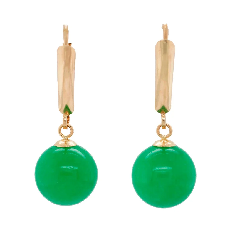 Vintage Gemstone Earrings-Vintage Green Jade Orb Dangle/Drop Earrings - 14k Yellow Gold - Leverback