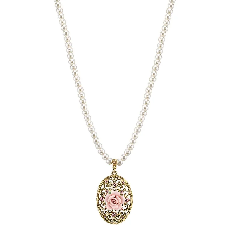 Family Necklaces-1928 Bridal 6mm Faux Pearl Strand Pink Porcelain Rose Crystal Oval Filigree Pendant Necklace 15" + 3" Extender