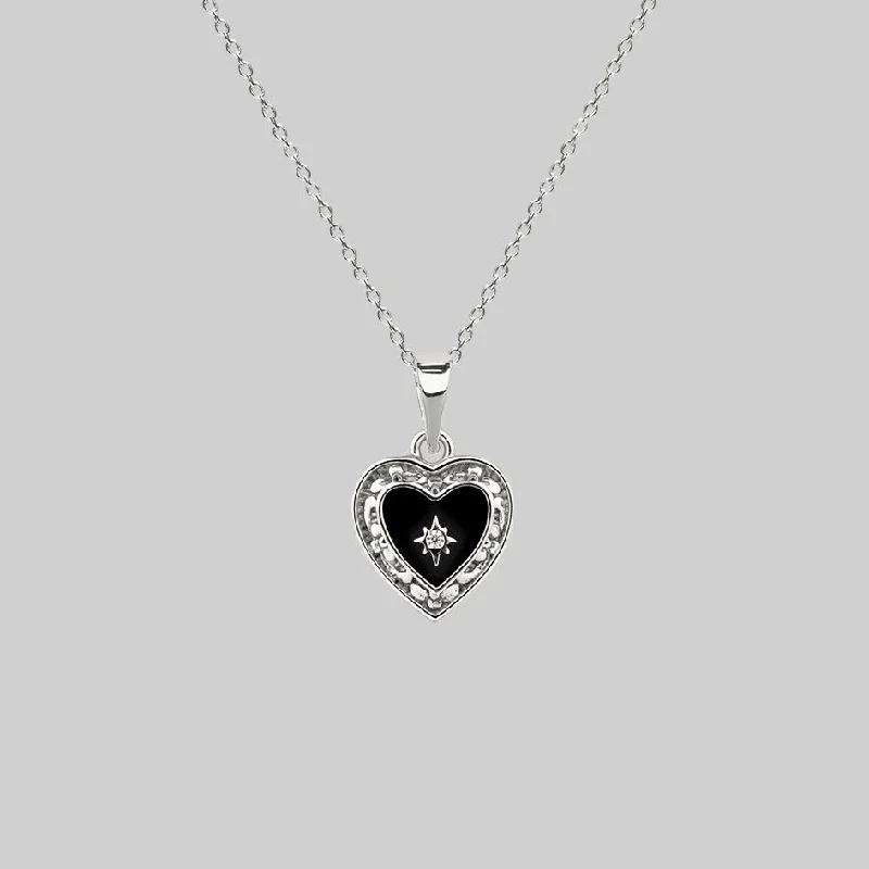 Wedding Bridal Necklaces-SOLEMN. Black Enamel Heart Necklace - Silver