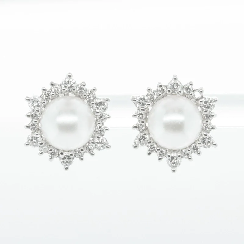 Unique Hoop Drop Earrings-14k White Gold Diamond Halo 7.35mm Pearl Earrings 0.45ctw G SI1 4.1g