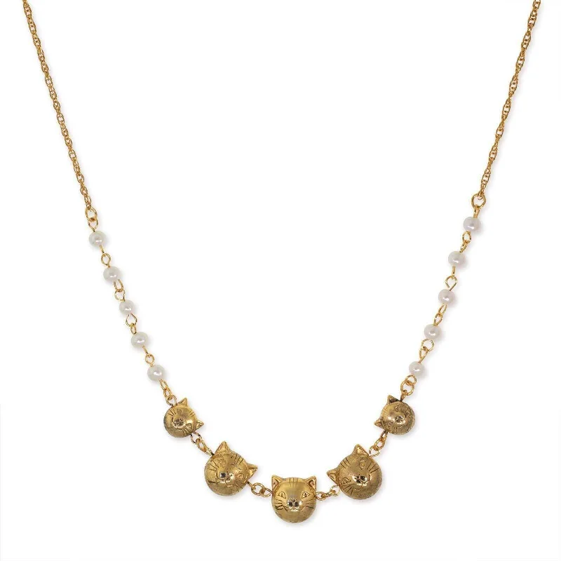 Vintage Necklaces-1928 Jewelry Multi Cat Face With Faux Pearl Chain Necklace 16" + 3" Extender