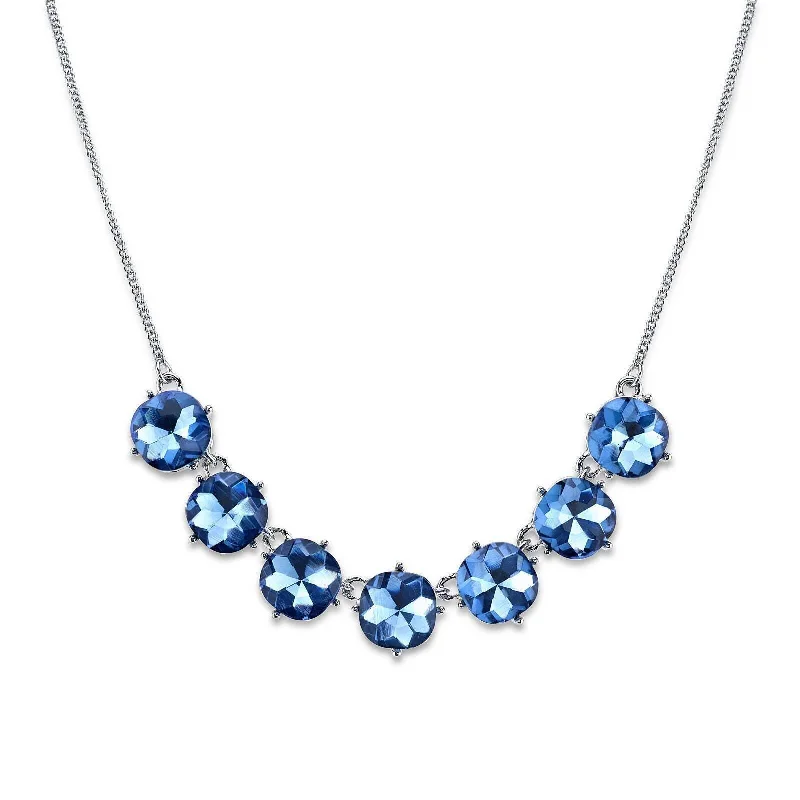 Silver Necklaces-2028 Jewelry Blue Round Faceted Cushion Shaped Glass Stone Collar Necklace 16" + 3" Extender