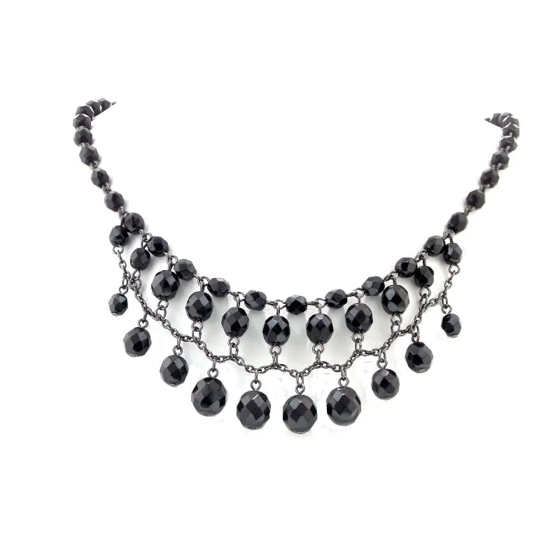 Chunky Necklaces-2028 Jewelry Jet Black Beaded Draped Necklace 16" + 3" Extender