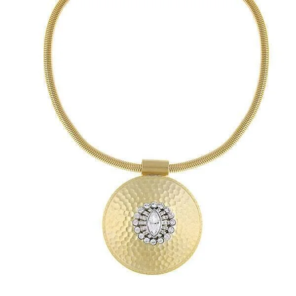 Gold-Plated Necklaces-1928 Jewelry Large Hammered Disk Crystal Pendant Necklace 16" + 3" Extender