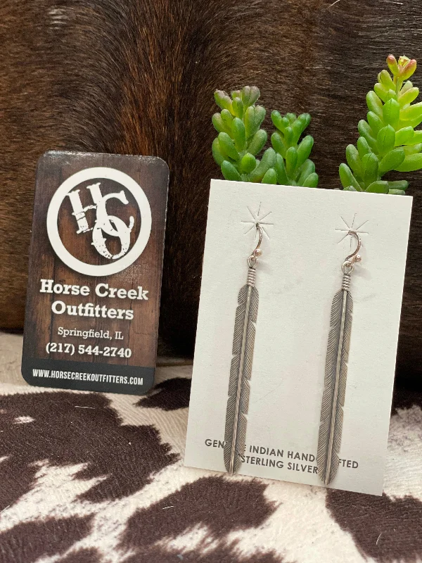 Trendy Hoop Gemstone Earrings-Narrow Sterling Silver Feather Earrings