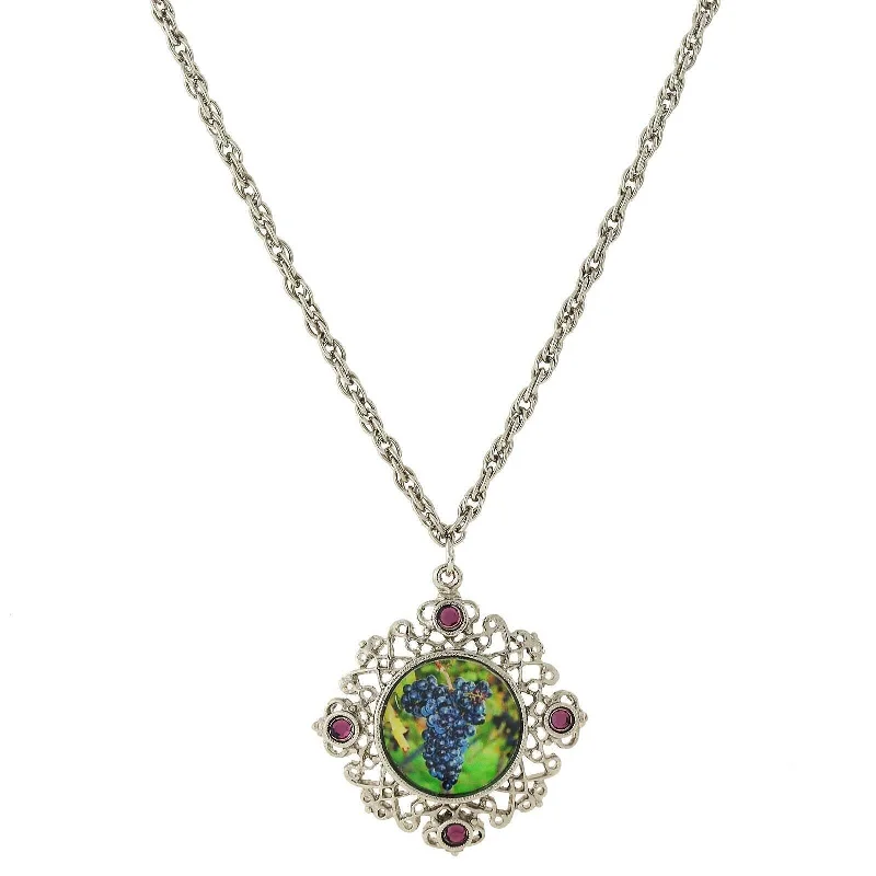 Double Chain Necklaces-1928 Jewelry Winery Purple Grapes Decal And Filigree Pendant Necklace 16" + 3" Extender