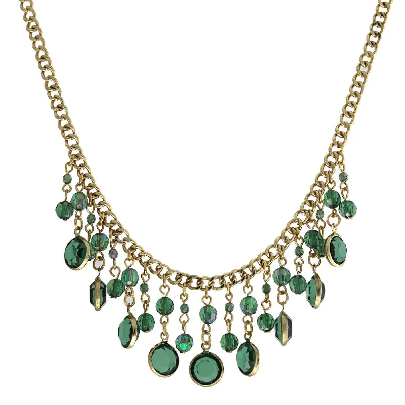 Lotus Necklaces-2028 Jewelry Emerald Green Ab Crystal Drop Bib Necklace 16" + 3" Extender