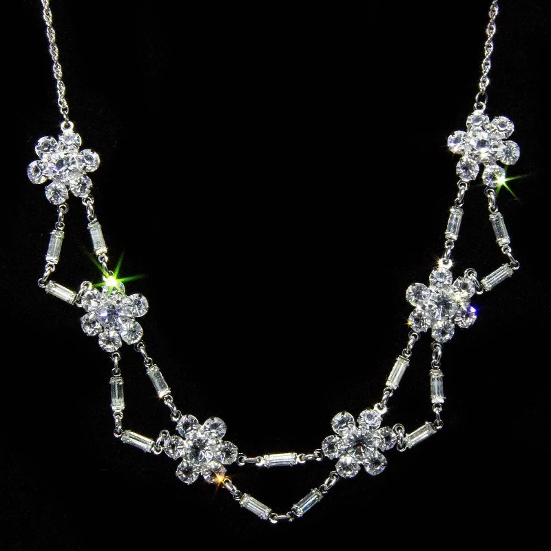 Fine Silver Necklaces-1928 Jewelry Vintage Austrian Crystal Flower Baguette Necklace 15"