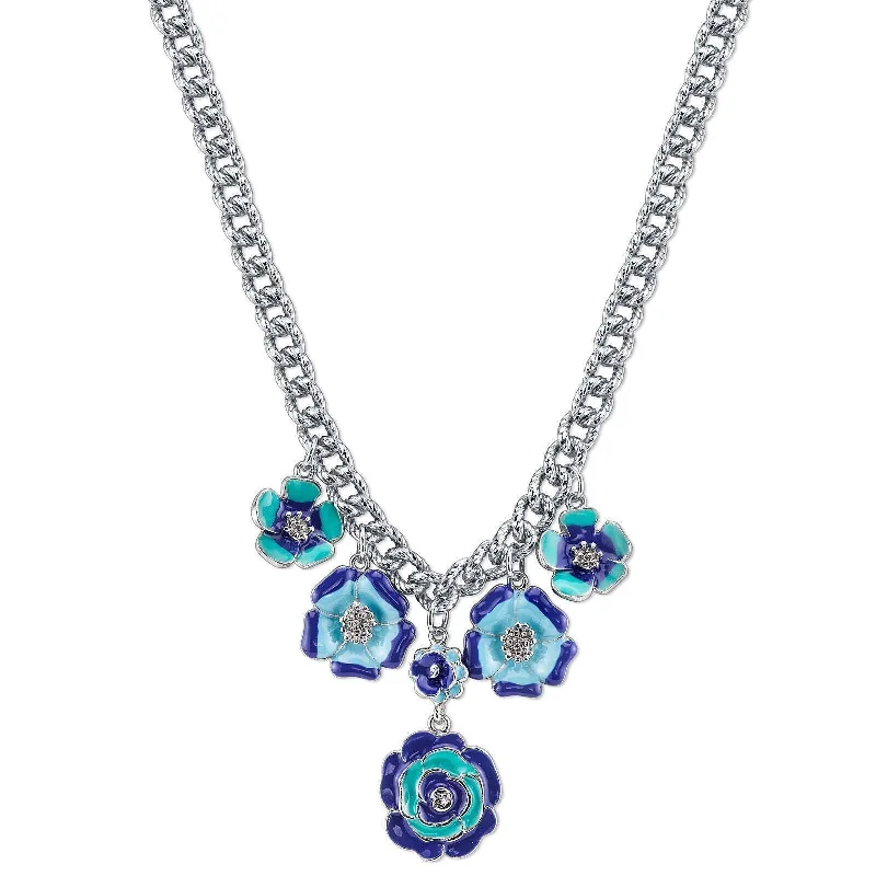 Crystal Choker Necklaces-2028 Jewelry Blue Enamel Flower Necklace 16" + 3" Extender