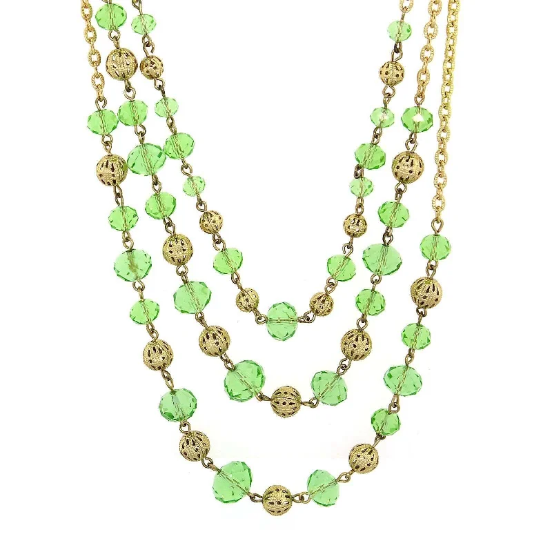 Amulet Necklaces-2028 Jewelry Luxe Glass Crystal Puffed Round Filigree Bead 3-Strand Necklace 16" + 3" Extender