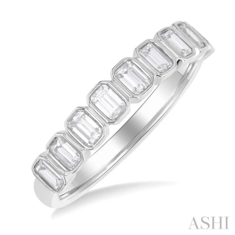 Ruby Wedding Rings-3/4 ctw North-South Bezel Set Emerald Cut Diamond Fashion Band in 14K White Gold