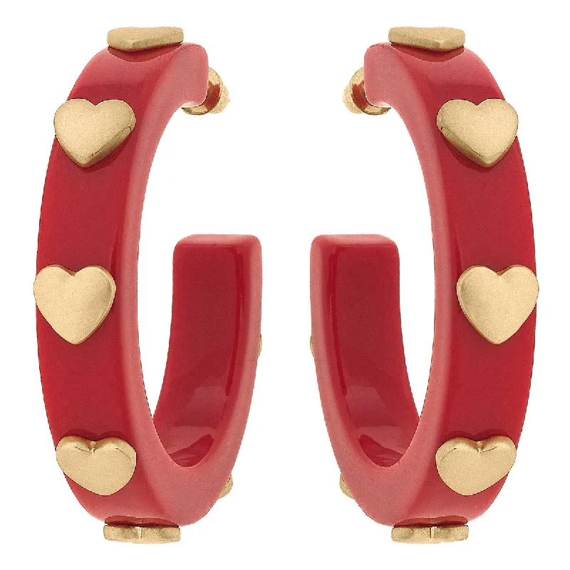 Gold Plated Drop Earrings-Canvas Style - Libby Heart Resin Hoop Earrings: Red