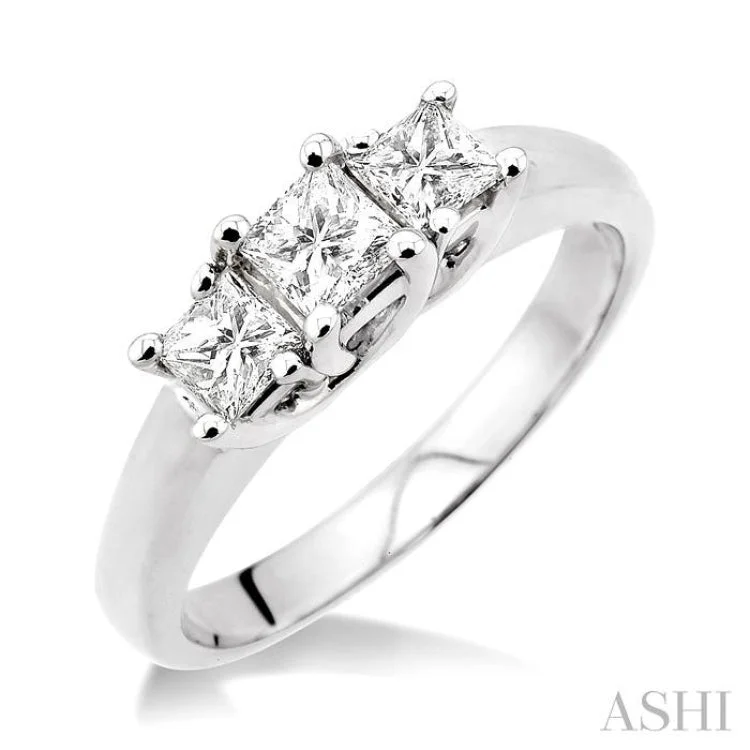 Classic Engagement Rings-3/4 Ctw Three Stone Princess Cut Diamond Ring in 14K White Gold