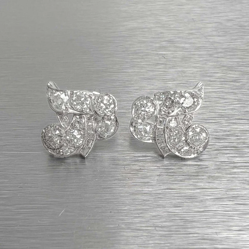 Multi-Stone Drop Earrings-Antique Platinum 950 Old Mine & Baguette Diamond Ribbon Earrings 2.97ctw G SI1