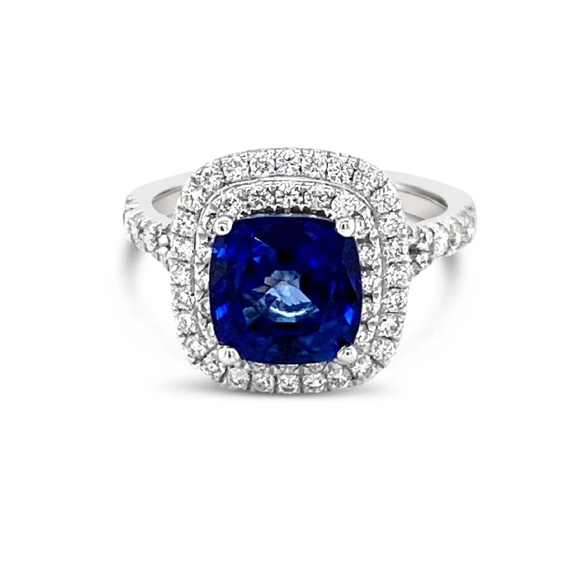 Personalized Wedding Band Sets-Double Halo Cushion cut Sapphires & Diamonds "Isla" Ring