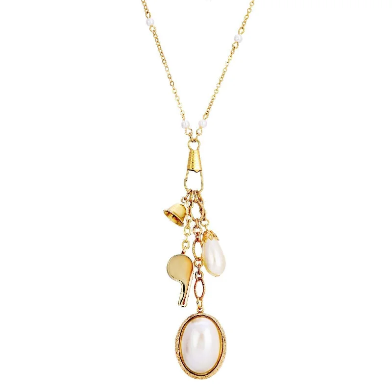 Real Gold Necklaces-1928 Jewelry Elegant Faux Pearl Locket With Whistle Bell Charm Necklace 28"