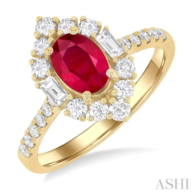 Unique Fashion Rings-7x5 MM Oval Cut Ruby & 5/8 ctw Baguette and Round Cut Diamond Halo Precious Ring in 14K Yellow Gold