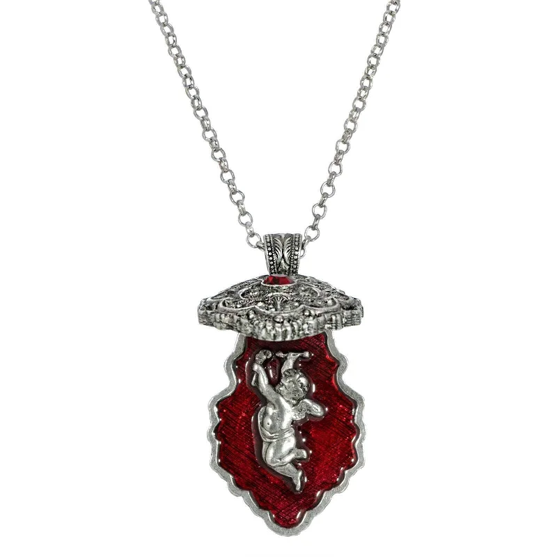 Customizable Necklaces-Symbols Of Faith Antiqued Pewter Red Enamel Cherub Reliquary Pendant Necklace 28"