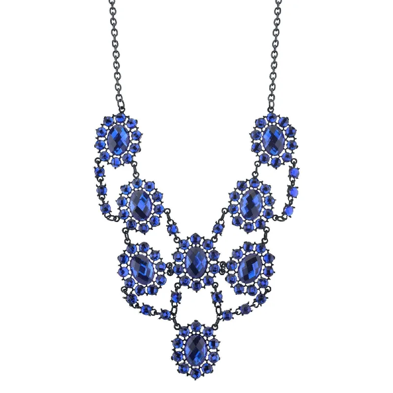 Birthstone Pendant Necklaces-2028 Jewelry Sapphire Blue Faceted Statement Bib Necklace 16" + 3" Extender