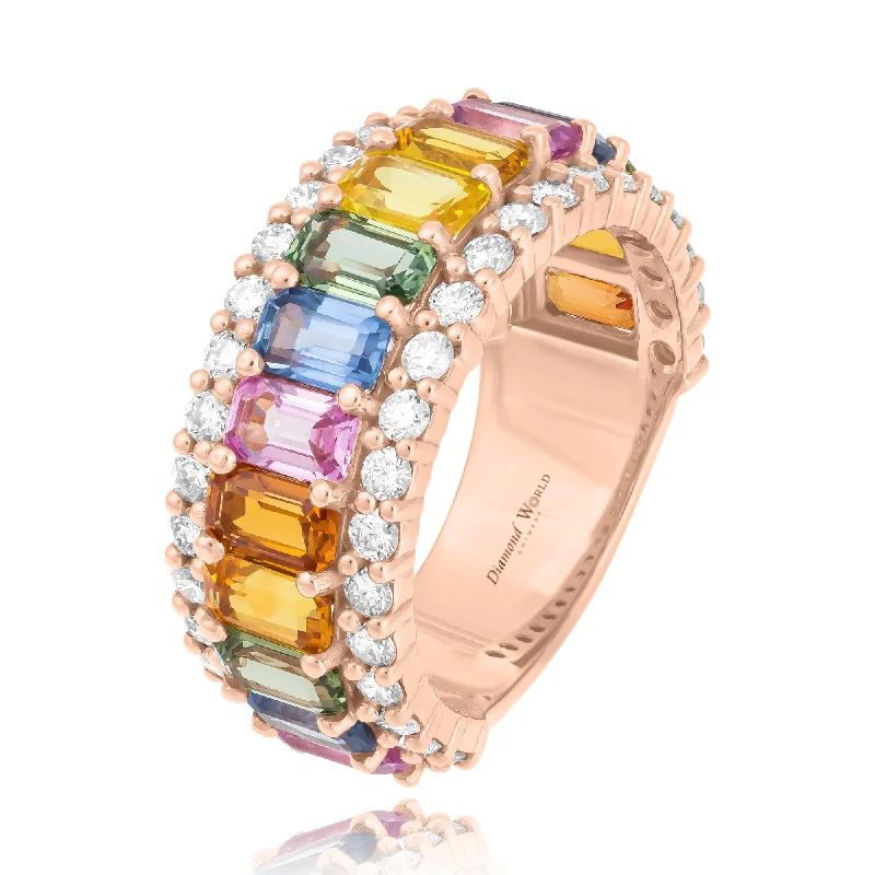 Engagement Rings with Side Stones-Rectangular Multi Colour Sapphires & Diamonds Ring