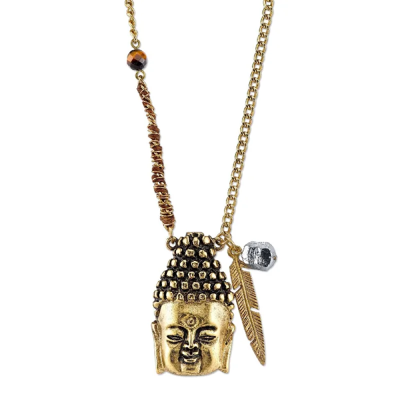 Silk Thread Necklaces-T.R.U. Waxed Linen Wrapped Chain With Buddha Head Pendant Necklace 28"