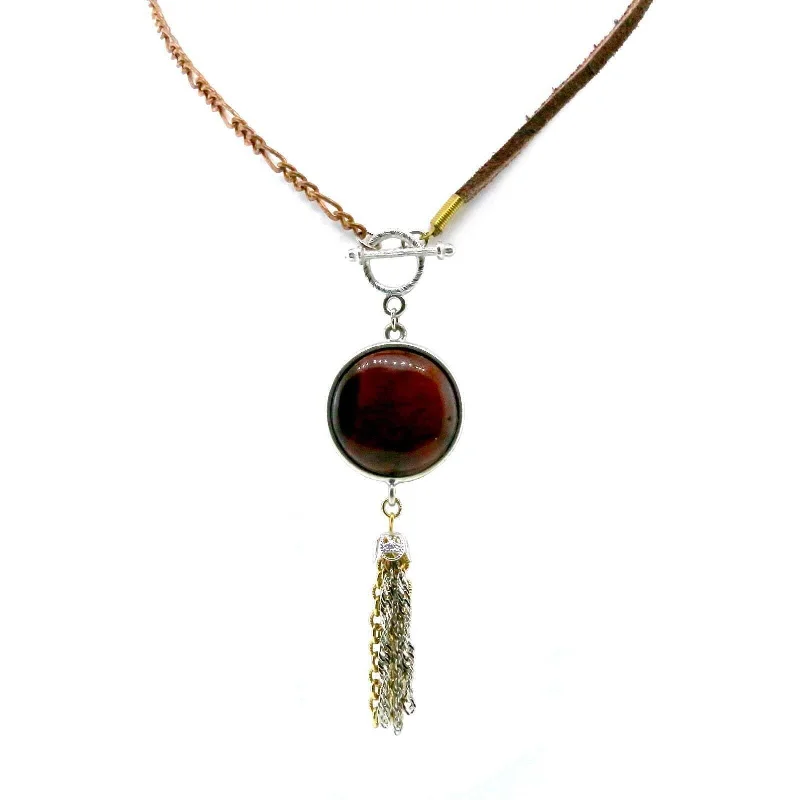 Energy Necklaces-T.R.U. Copper Burnt Tigers Eye Gemstone Mocha Faux Suede Multi Chain Tassel Necklace 30"